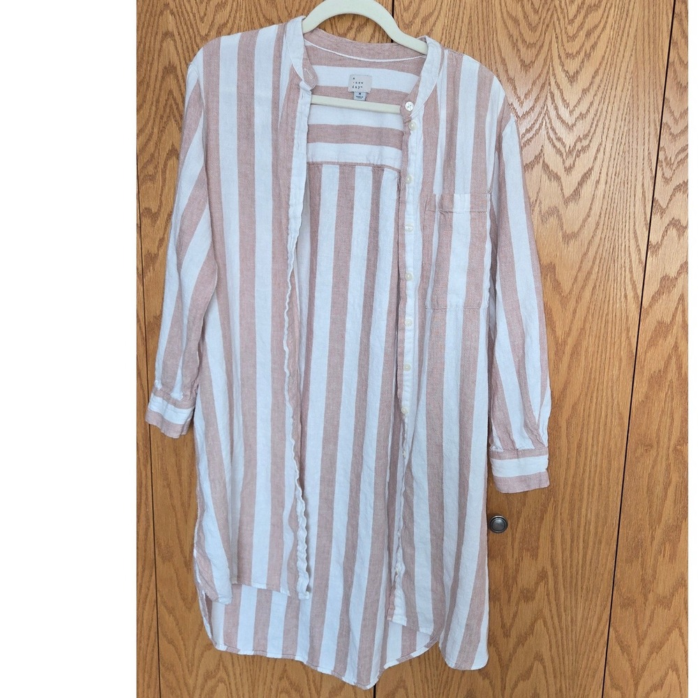 A New Day Womens Linen Blend Striped Button Down Tunic Shirt Pink White Medium